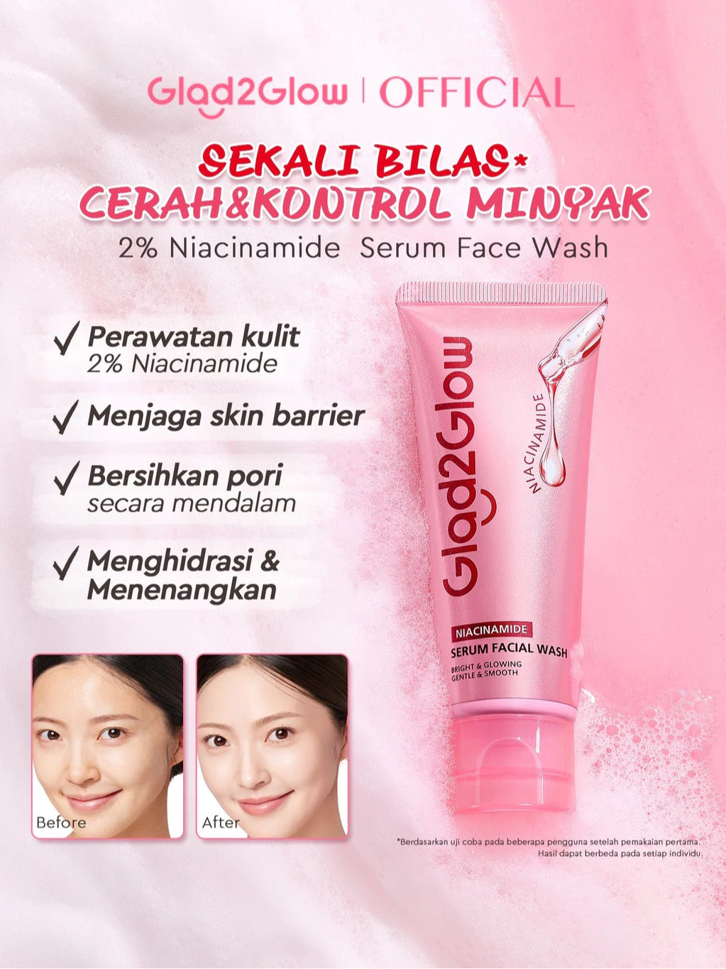 Glad2Glow Niacinamide Serum Facial Wash - Instant Glow, Brightening Facial Wash, Pore Cleanser, Ceramide Ectoin Sakura, For Dull, Oily, and Sensitive Skin, Moisturizing, Micellar Water, Facial Cleanser, Facial Wash, Skincare, G2G Cleanser