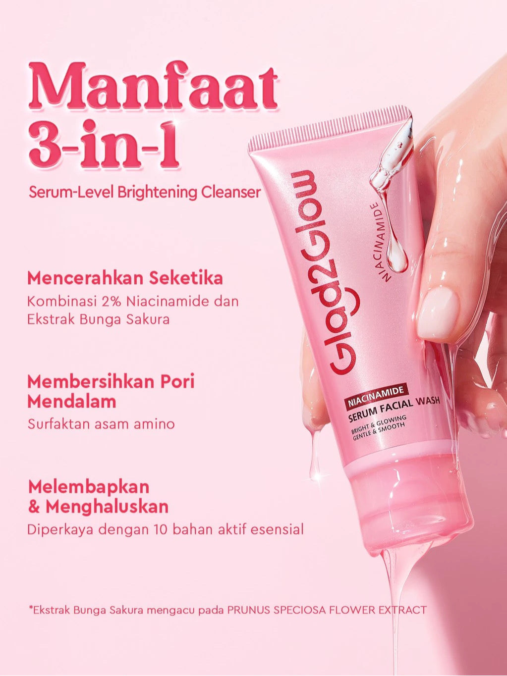 Glad2Glow Niacinamide Serum Facial Wash - Instant Glow, Brightening Facial Wash, Pore Cleanser, Ceramide Ectoin Sakura, For Dull, Oily, and Sensitive Skin, Moisturizing, Micellar Water, Facial Cleanser, Facial Wash, Skincare, G2G Cleanser